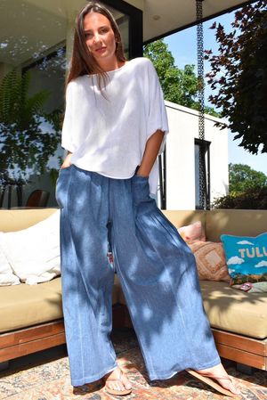 Rustic Nature Linen Blend Pocket Pleat Wide Leg Washed Navy